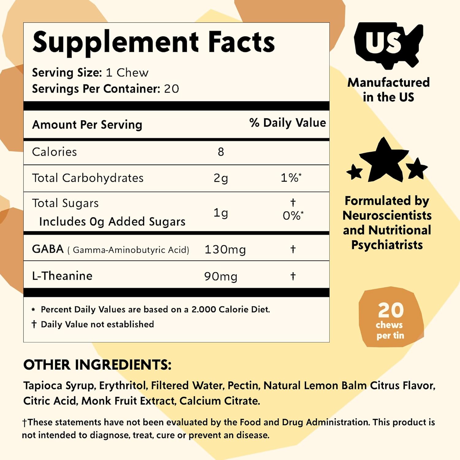 PYM Citrus Mood Chews: 20 Count Stress & Anxiety Support | 130mg GABA, 90mg L-Theanine | Vegan, Non-GMO, Gluten-Free | USA-Made Mood Balance Supplement