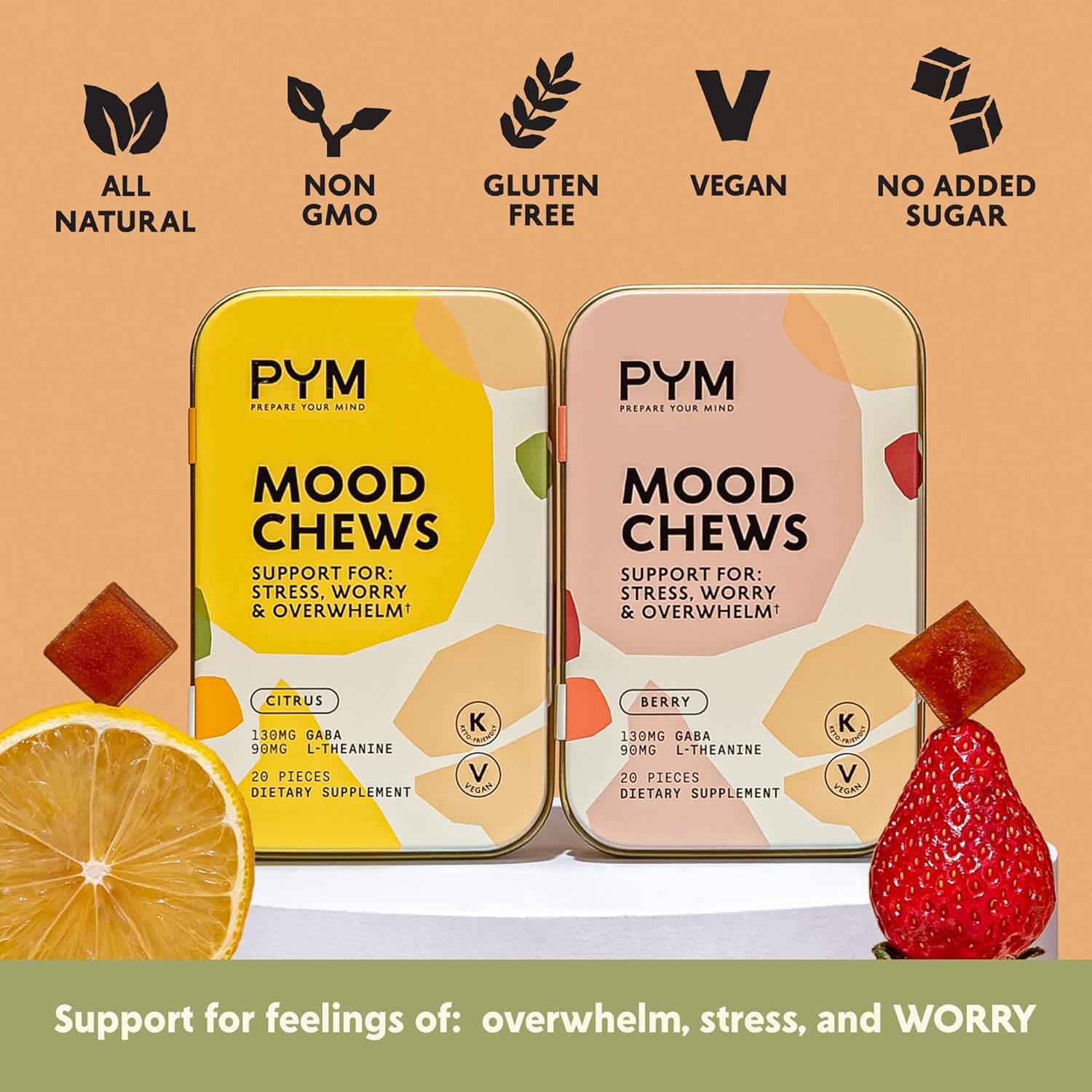 PYM Citrus Mood Chews: 20 Count Stress & Anxiety Support | 130mg GABA, 90mg L-Theanine | Vegan, Non-GMO, Gluten-Free | USA-Made Mood Balance Supplement