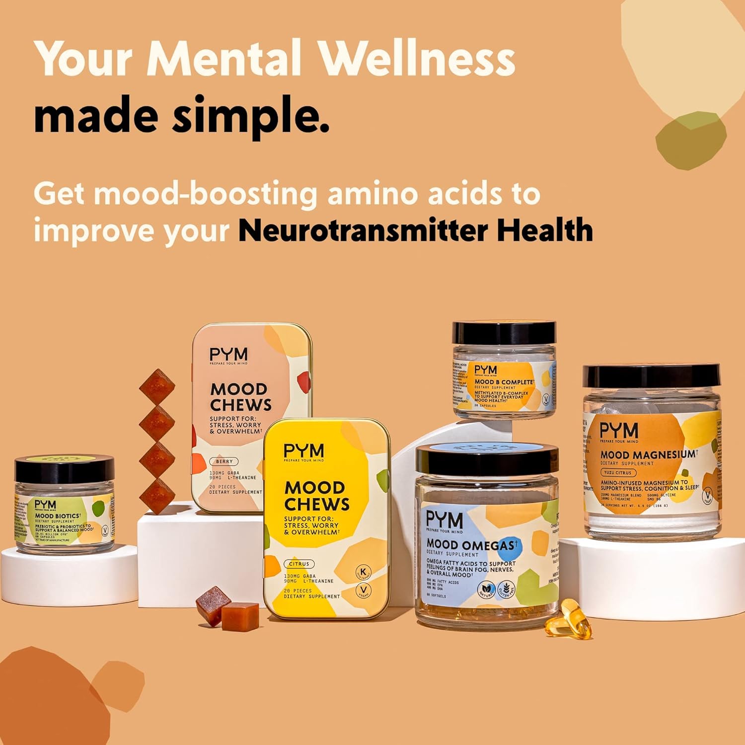 PYM Citrus Mood Chews: 20 Count Stress & Anxiety Support | 130mg GABA, 90mg L-Theanine | Vegan, Non-GMO, Gluten-Free | USA-Made Mood Balance Supplement