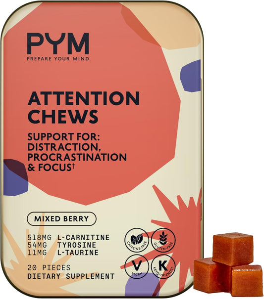 PYM Health Attention Chews - Natural Support for Focus, Productivity, and Procrastination - 20 Count with L-Carnitine, Tyrosine, and L-Taurine - Caffeine-Free USA-Made Mood Boost Supplement