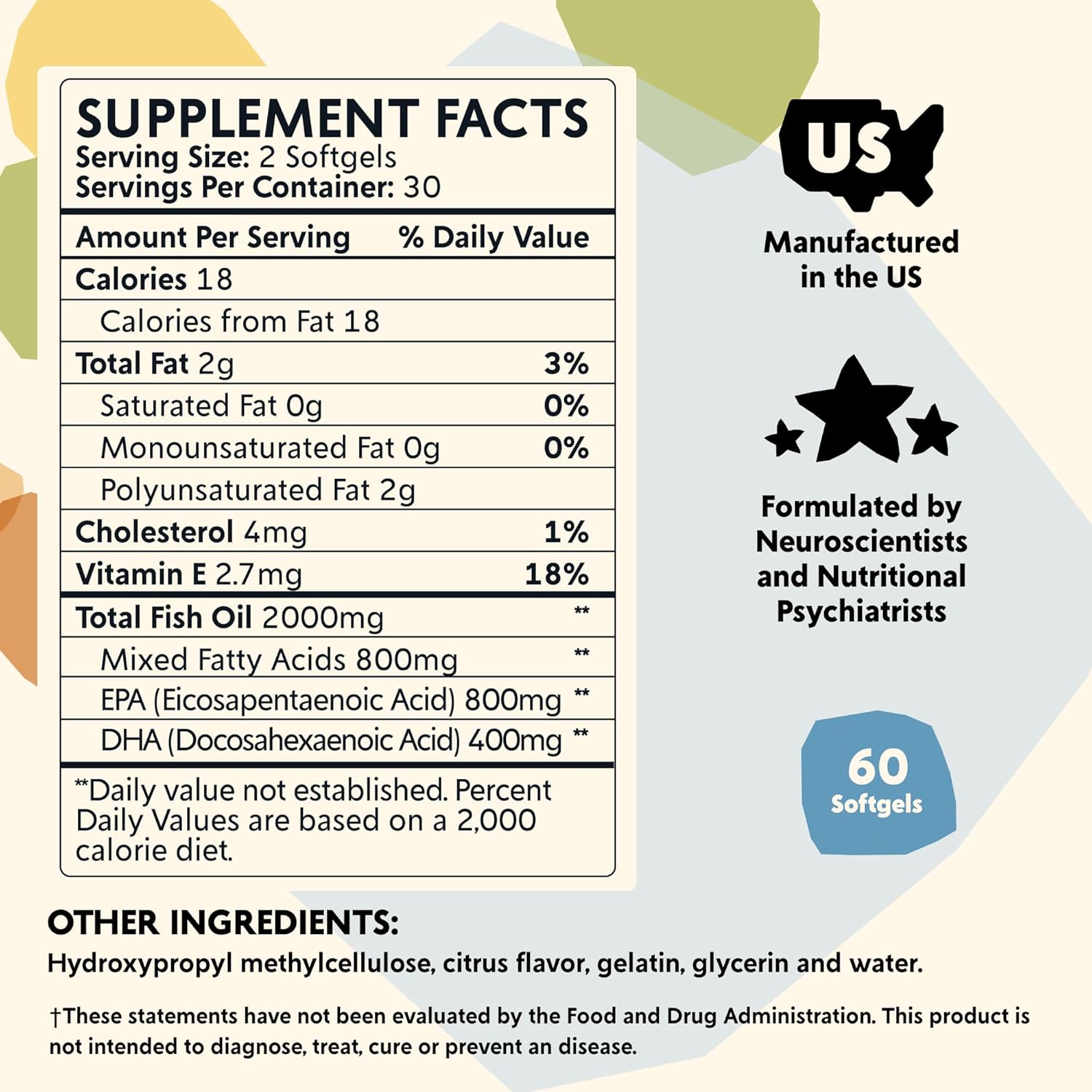 PYM Health Omega-3 Mood Support Supplement (60 Count) - DHA, EPA, Vitamin E - Non-GMO, Gluten-Free