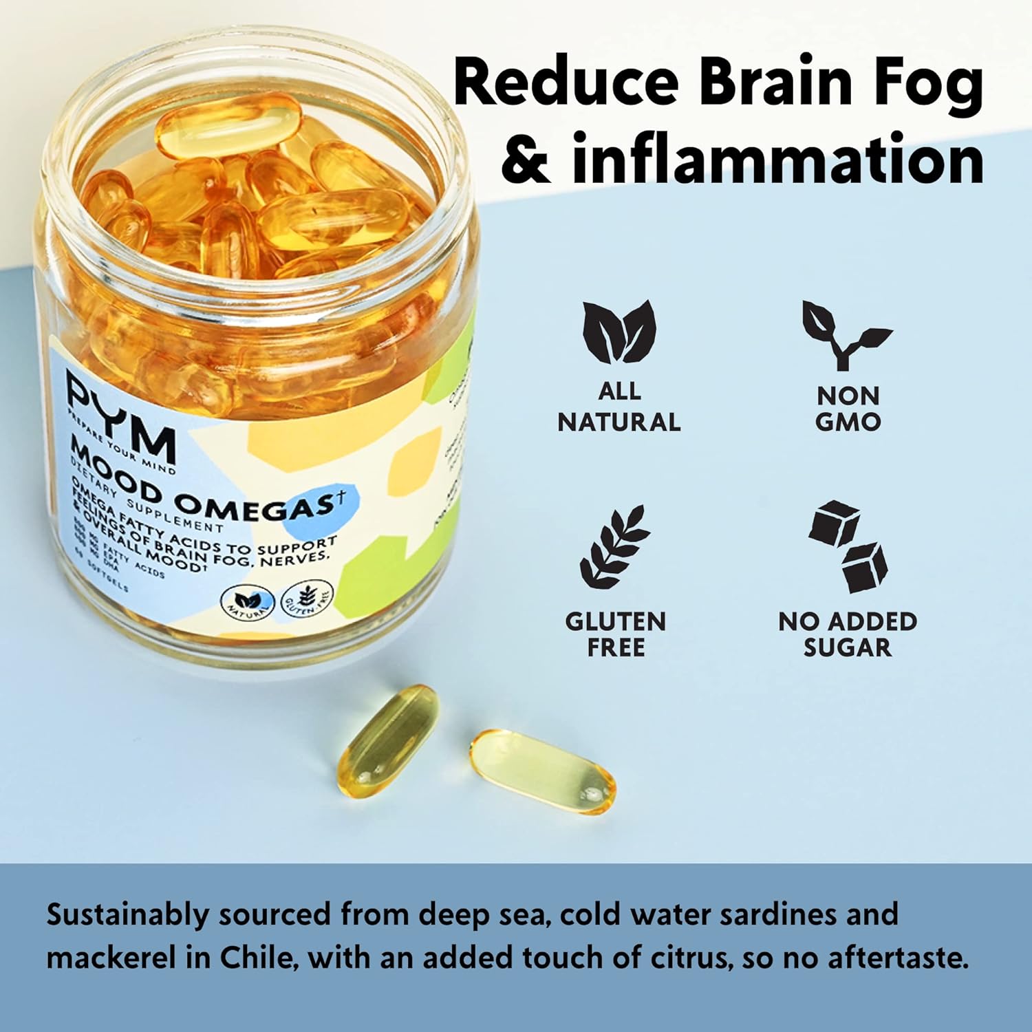 PYM Health Omega-3 Mood Support Supplement (60 Count) - DHA, EPA, Vitamin E - Non-GMO, Gluten-Free