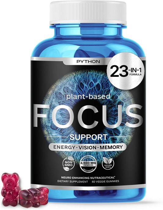 Python Focus Nootropic Brain Supplement with Lions Mane, Lutein, and Vitamins - 60 Vegan Chews - Boost Memory and Concentration