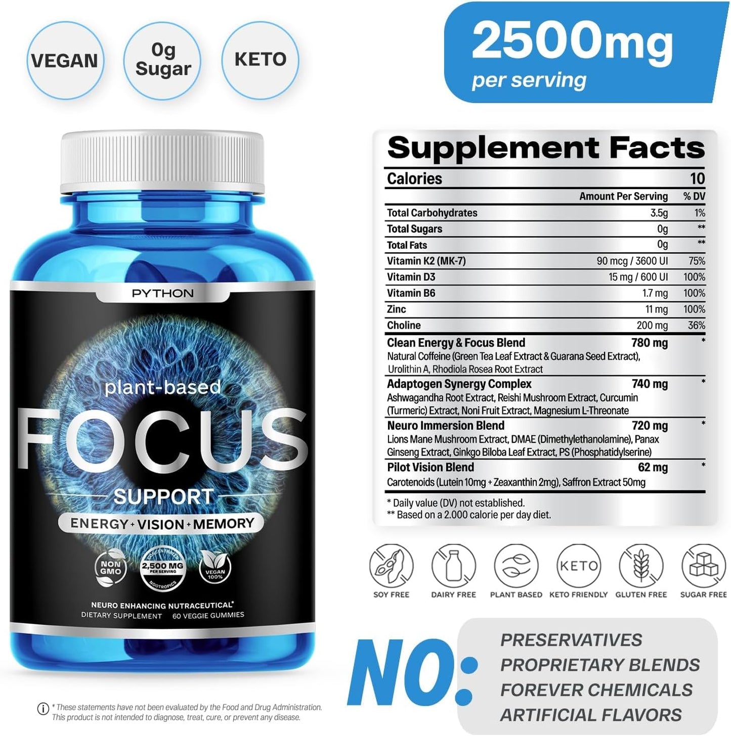 Python Focus Nootropic Brain Supplement with Lions Mane, Lutein, and Vitamins - 60 Vegan Chews - Boost Memory and Concentration