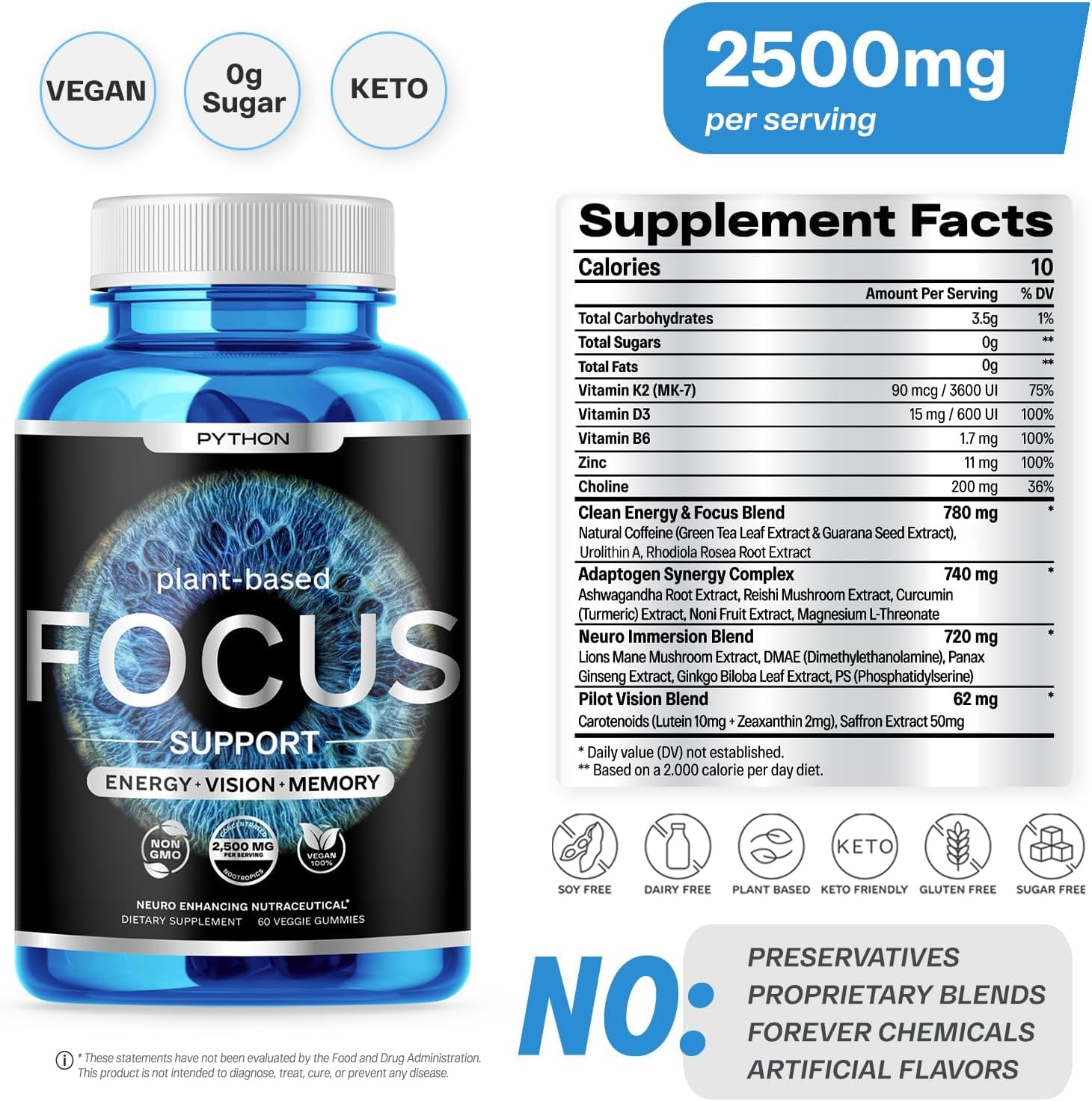 Python Focus Nootropic Brain Supplement with Lions Mane, Lutein, and Vitamins - 60 Vegan Chews - Boost Memory and Concentration