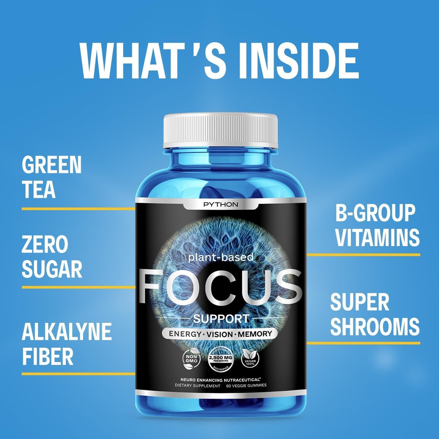 Python Focus Nootropic Brain Supplement with Lions Mane, Lutein, and Vitamins - 60 Vegan Chews - Boost Memory and Concentration