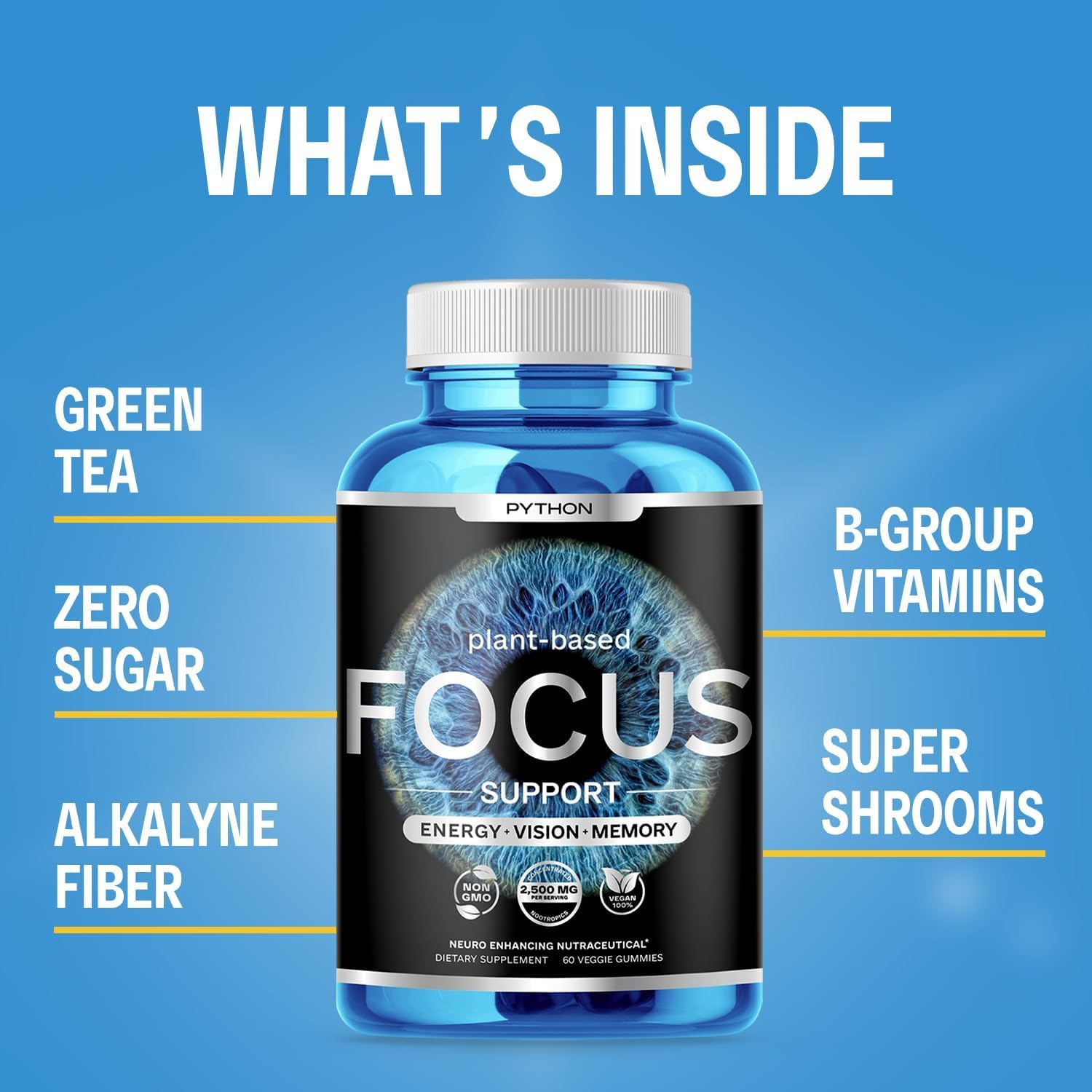 Python Focus Nootropic Brain Supplement with Lions Mane, Lutein, and Vitamins - 60 Vegan Chews - Boost Memory and Concentration