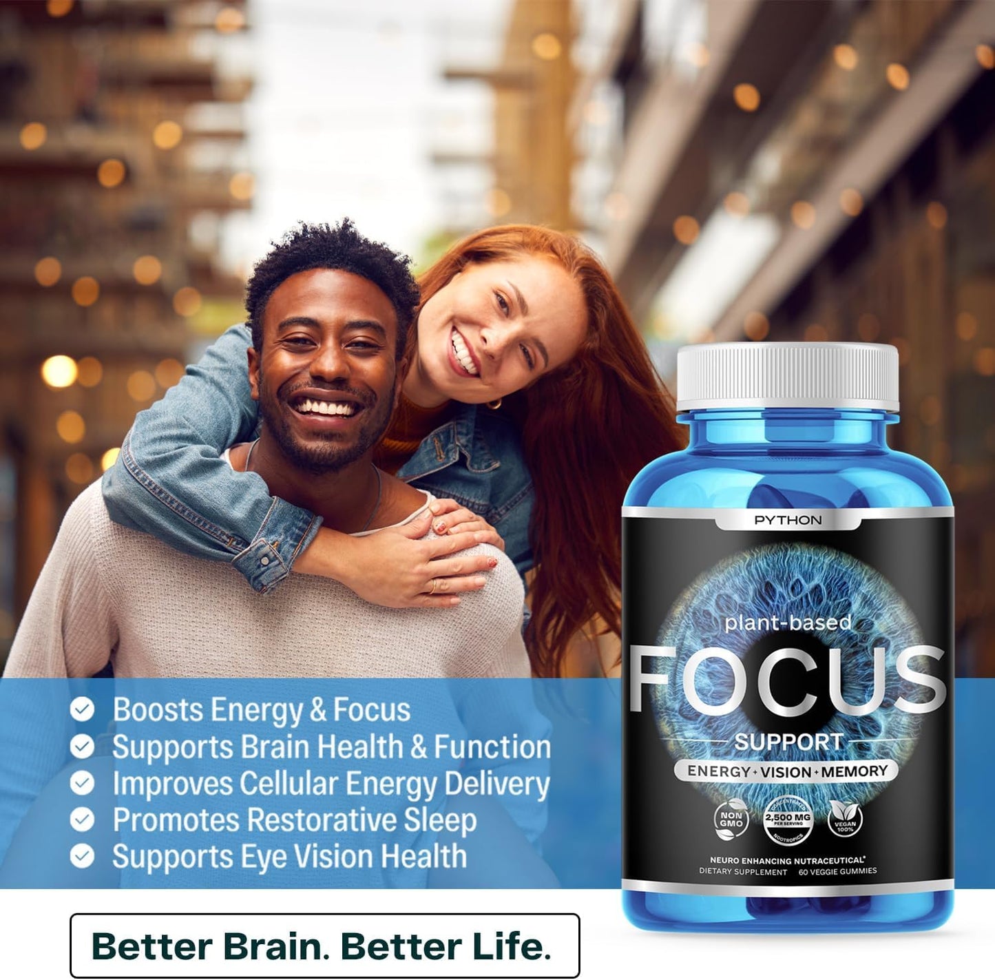 Python Focus Nootropic Brain Supplement with Lions Mane, Lutein, and Vitamins - 60 Vegan Chews - Boost Memory and Concentration