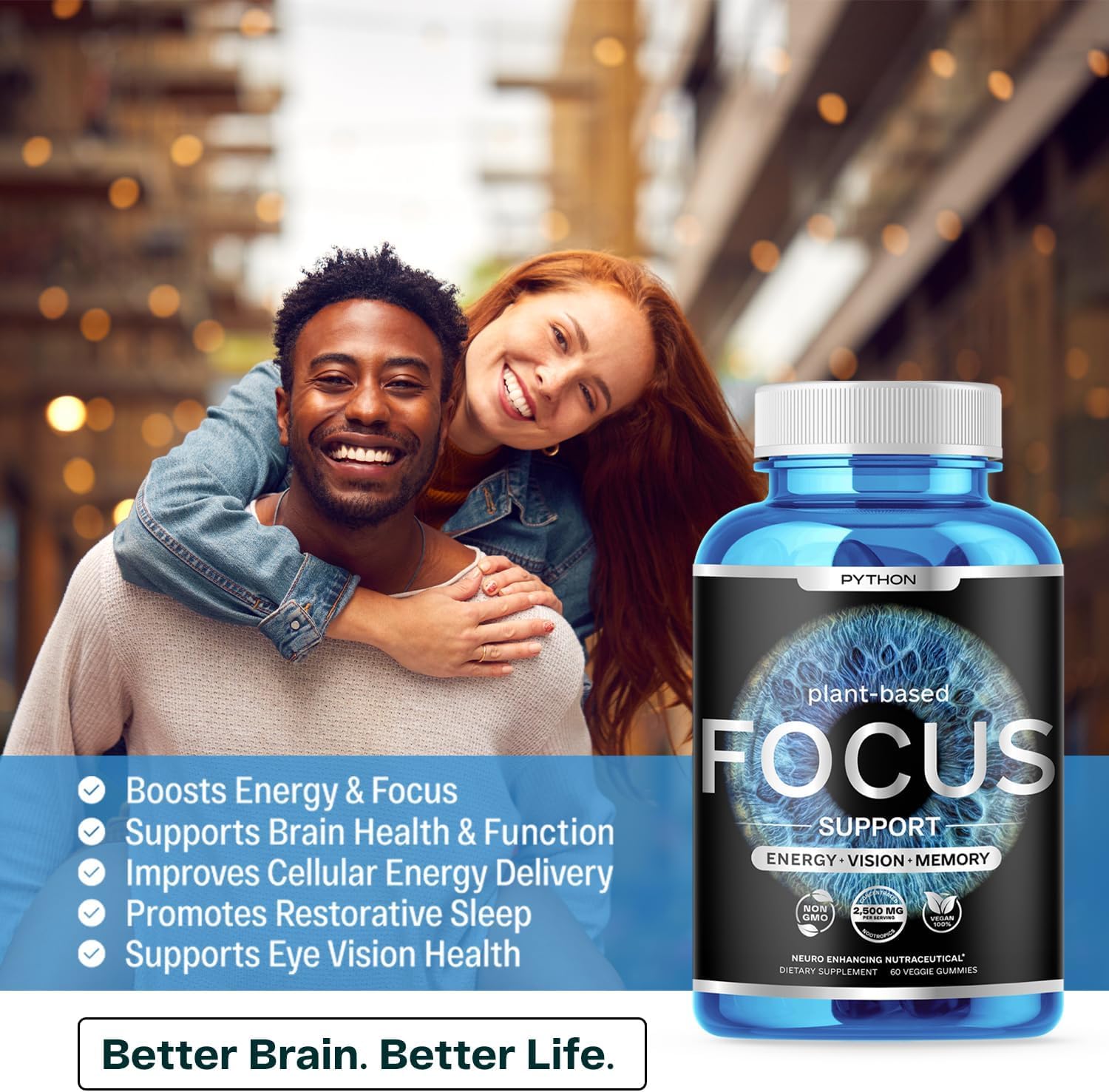 Python Focus Nootropic Brain Supplement with Lions Mane, Lutein, and Vitamins - 60 Vegan Chews - Boost Memory and Concentration