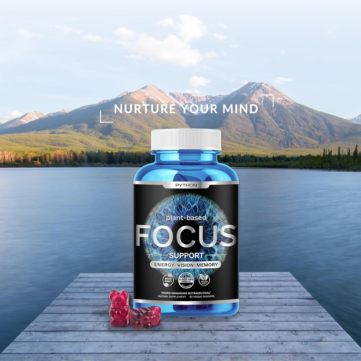 Python Focus Nootropic Brain Supplement with Lions Mane, Lutein, and Vitamins - 60 Vegan Chews - Boost Memory and Concentration