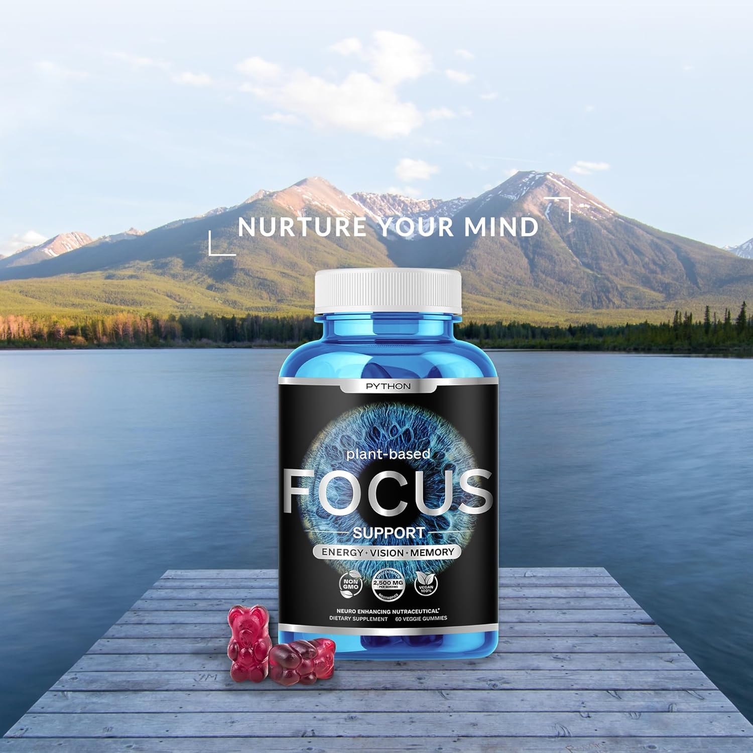 Python Focus Nootropic Brain Supplement with Lions Mane, Lutein, and Vitamins - 60 Vegan Chews - Boost Memory and Concentration