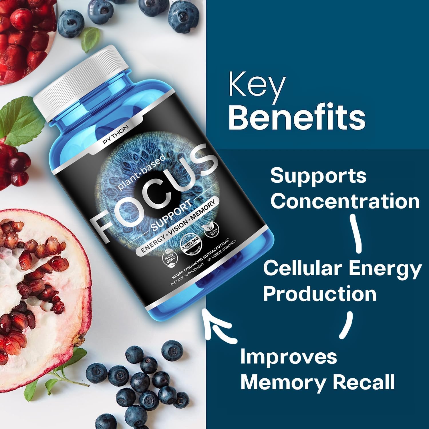 Python Focus Nootropic Brain Supplement with Lions Mane, Lutein, and Vitamins - 60 Vegan Chews - Boost Memory and Concentration