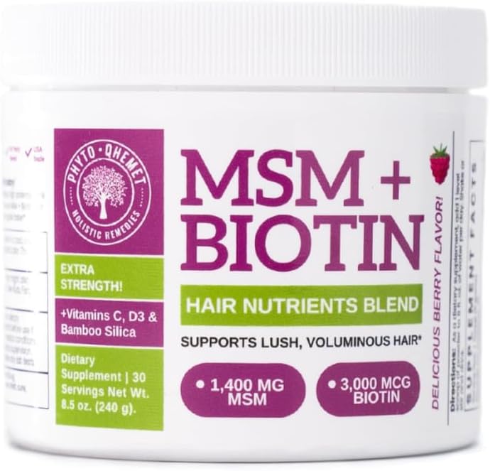 Qhemet Biologics Hair Nutrient Blend with MSM, Biotin, Bamboo Silica, and Vitamins D3 + B12 for Rapid Hair Growth - 8.5 oz Powder Blend for Lush Volume and Hair Health