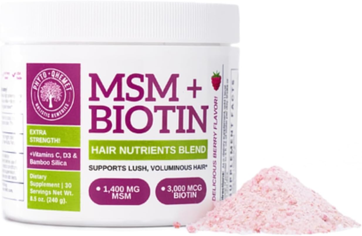 Qhemet Biologics Hair Nutrient Blend with MSM, Biotin, Bamboo Silica, and Vitamins D3 + B12 for Rapid Hair Growth - 8.5 oz Powder Blend for Lush Volume and Hair Health