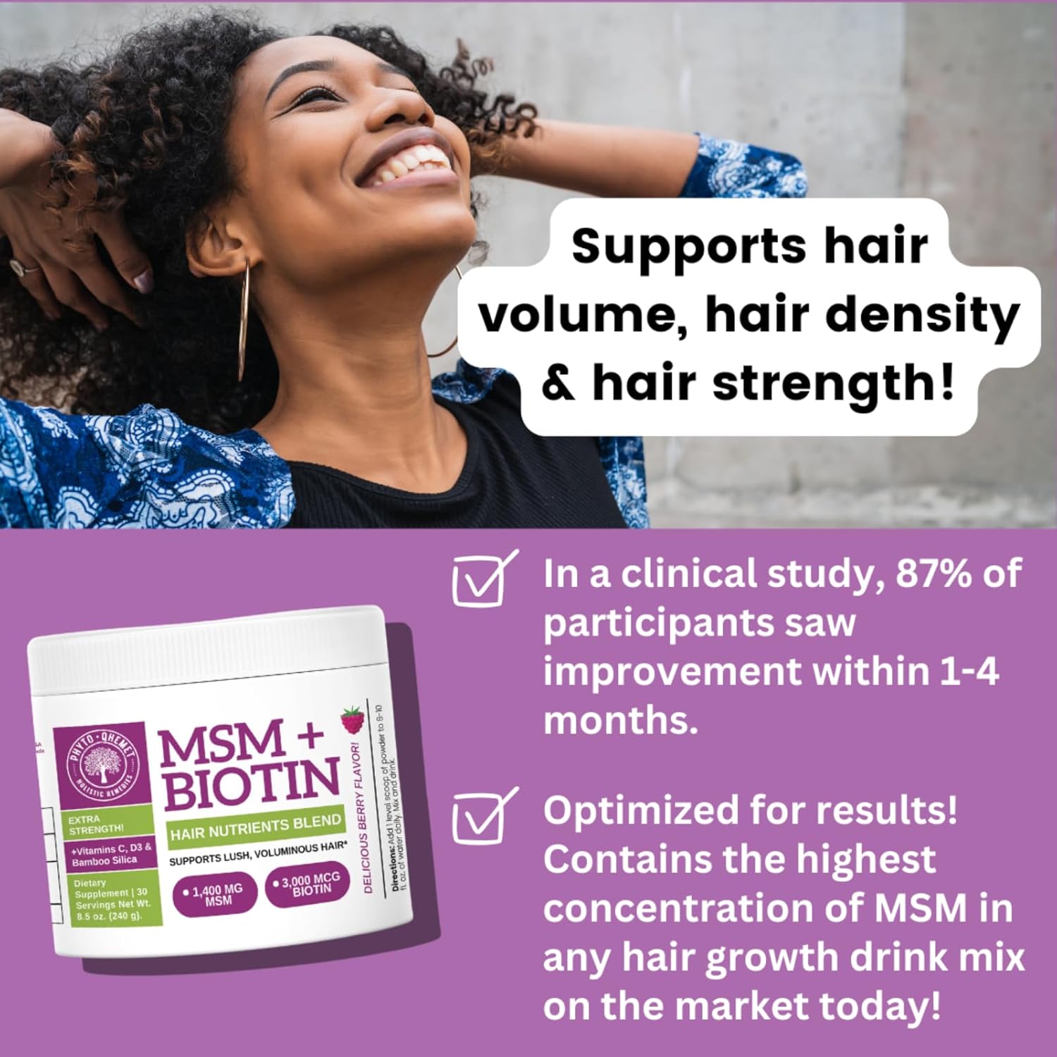 Qhemet Biologics Hair Nutrient Blend with MSM, Biotin, Bamboo Silica, and Vitamins D3 + B12 for Rapid Hair Growth - 8.5 oz Powder Blend for Lush Volume and Hair Health