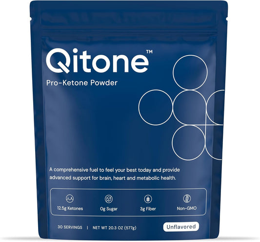 Qitone BHB Exogenous Ketones: Ketone Ester Powder for Rapid Ketosis & Boosting Brain Focus, Concentration, & Energy - Stimulant-Free, Sugar-Free, Unflavored (30 Servings)
