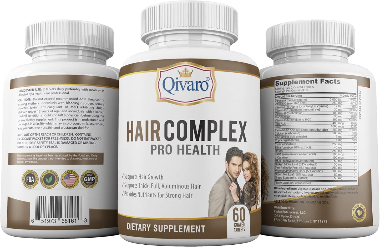 Qivaro Hair Complex Pro Health - Natural Hair Growth & Thinning Prevention Supplement - Organic Formula - Promotes Hair Growth, Reduces Loss, Regrows Hair - Vegan & Non-GMO - 60 Tablets