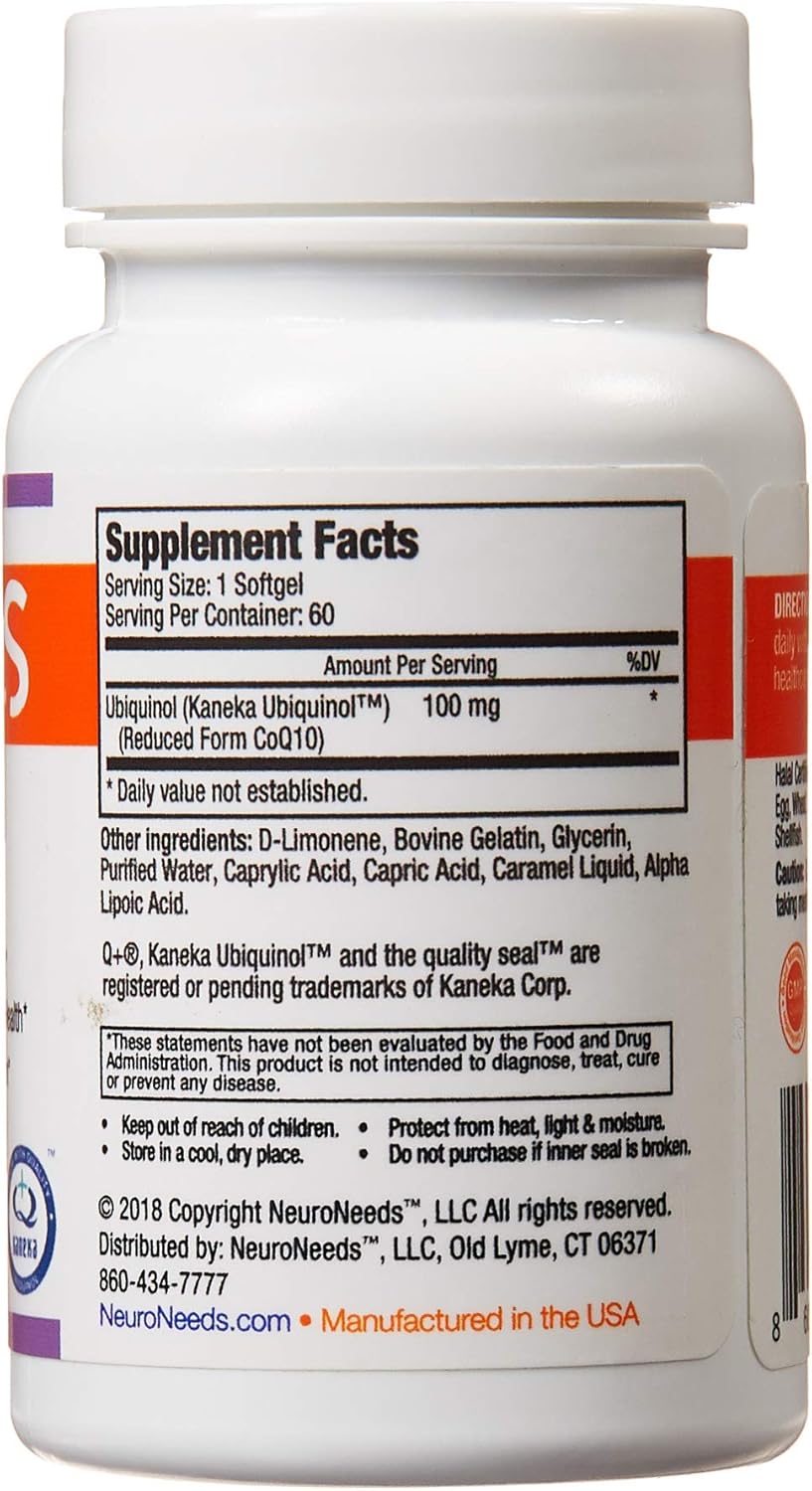 QNeeds® Neuro Needs CoQH-CF Ubiquinol 100mg Softgels - Clinically Proven Enhanced Delivery for Maximum Absorption and Heart Health Support