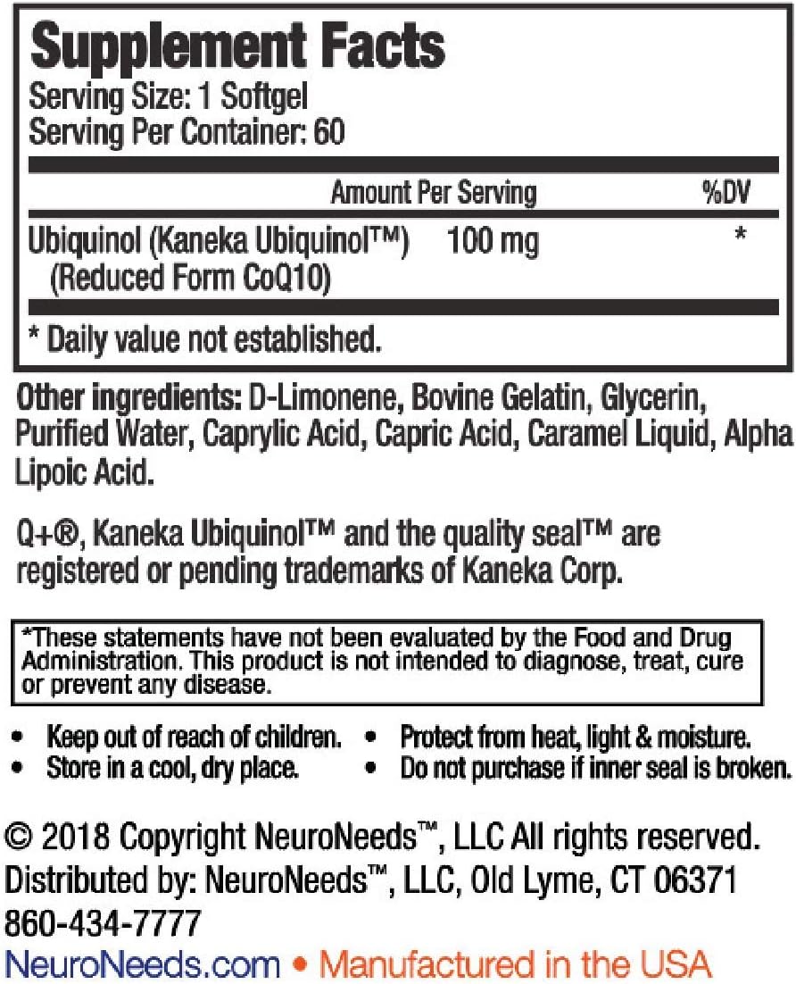 QNeeds® Neuro Needs CoQH-CF Ubiquinol 100mg Softgels - Clinically Proven Enhanced Delivery for Maximum Absorption and Heart Health Support