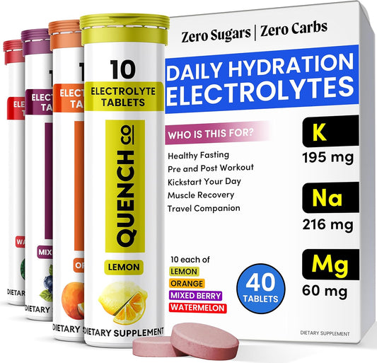 Quench Electrolyte Tablets 40 Count - Instant Hydration with No Sugar, Fasting Electrolytes for Optimal Support - Watermelon, Orange, Mixed Berry, Lemon Flavors