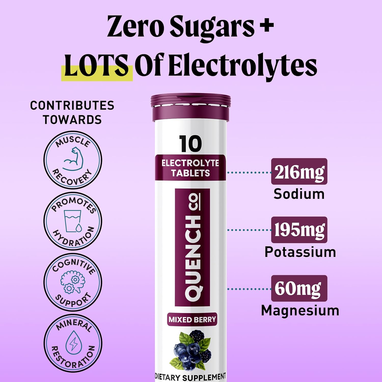 Quench Electrolyte Tablets 40 Count - Instant Hydration with No Sugar, Fasting Electrolytes for Optimal Support - Watermelon, Orange, Mixed Berry, Lemon Flavors