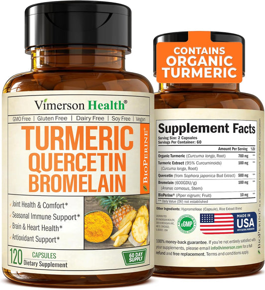 Quercetin 500mg Capsules with Bromelain, Turmeric, and Black Pepper - Joint Support for Women & Men - 120 Capsules