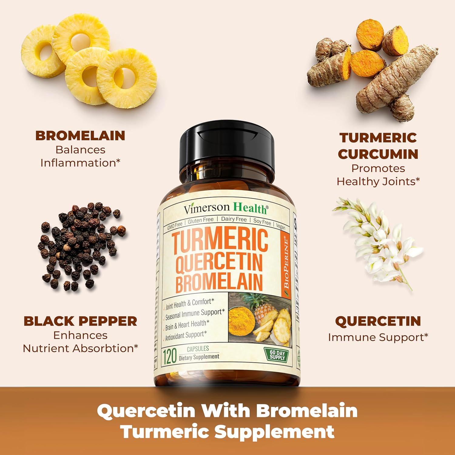 Quercetin 500mg Capsules with Bromelain, Turmeric, and Black Pepper - Joint Support for Women & Men - 120 Capsules