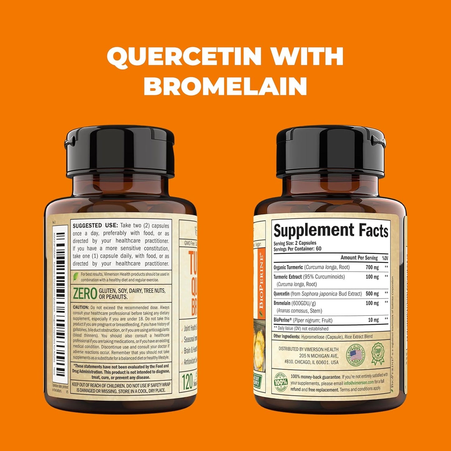 Quercetin 500mg Capsules with Bromelain, Turmeric, and Black Pepper - Joint Support for Women & Men - 120 Capsules