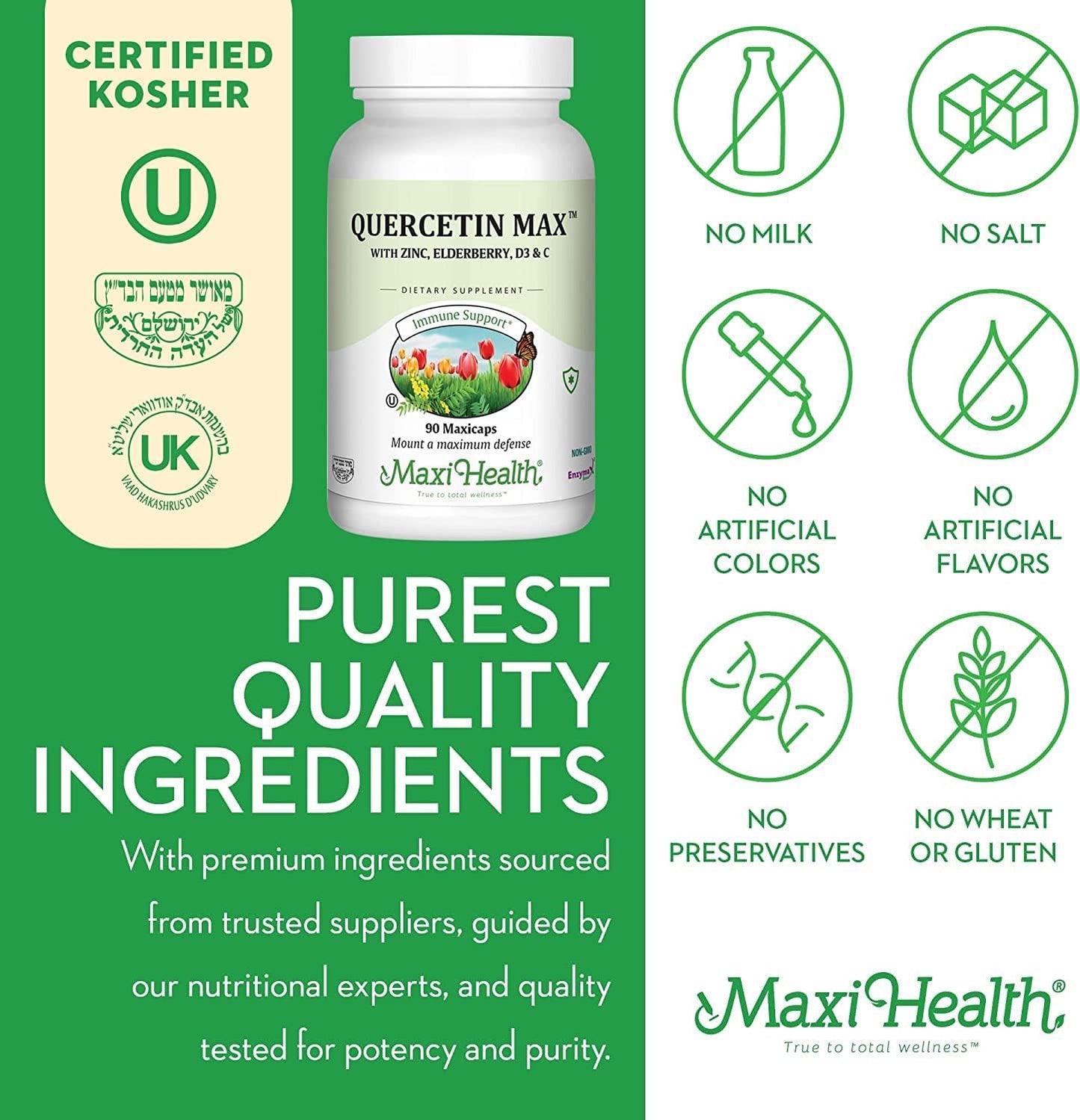 Quercetin 500mg with Zinc, Vitamin C, D, Elderberry - Vegetarian Supplement for Adults - 90 Capsules x 2 - Kosher Certified