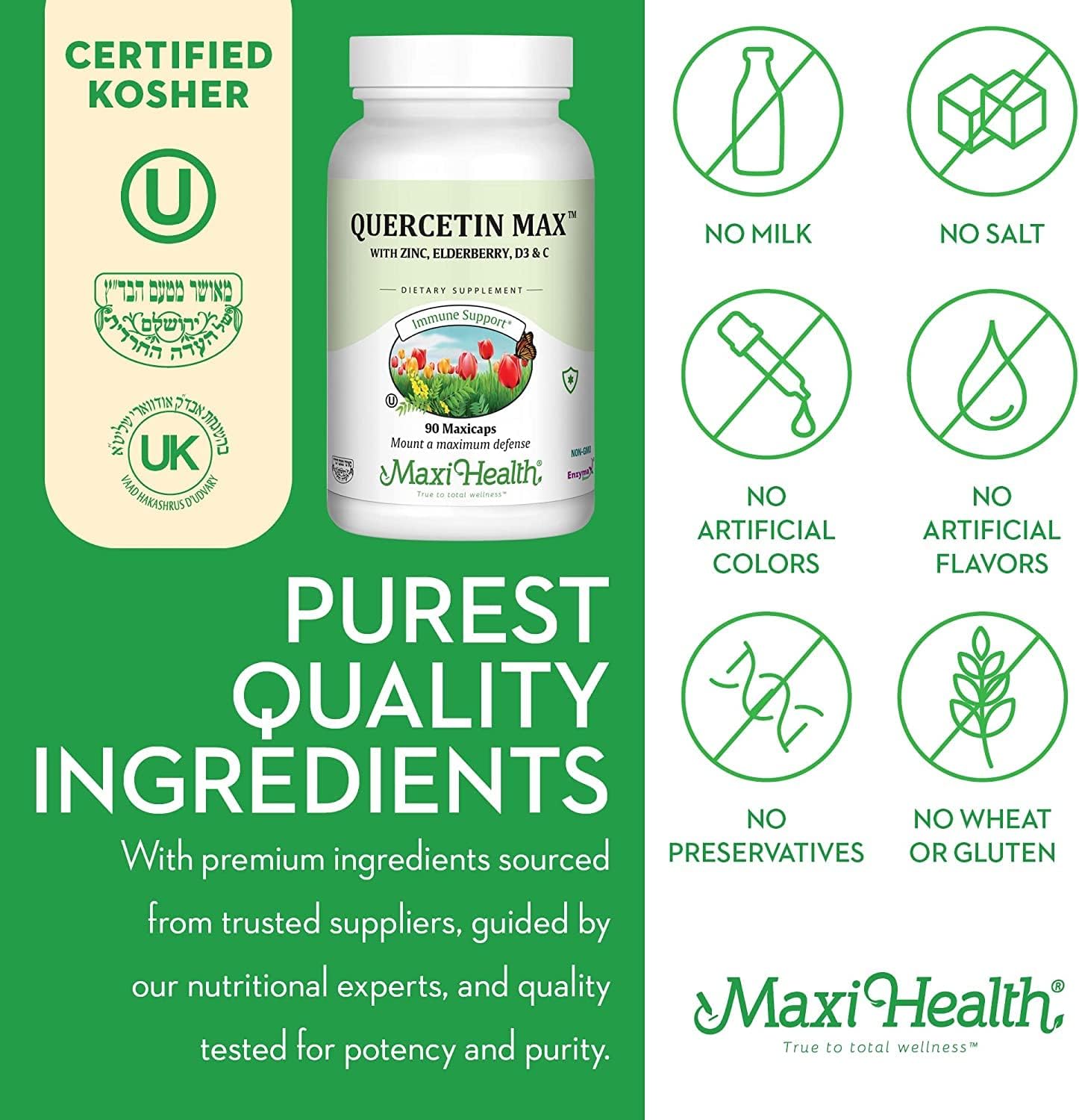 Quercetin 500mg with Zinc, Vitamin C, D, Elderberry - Vegetarian Supplement for Adults - 90 Capsules x 2 - Kosher Certified