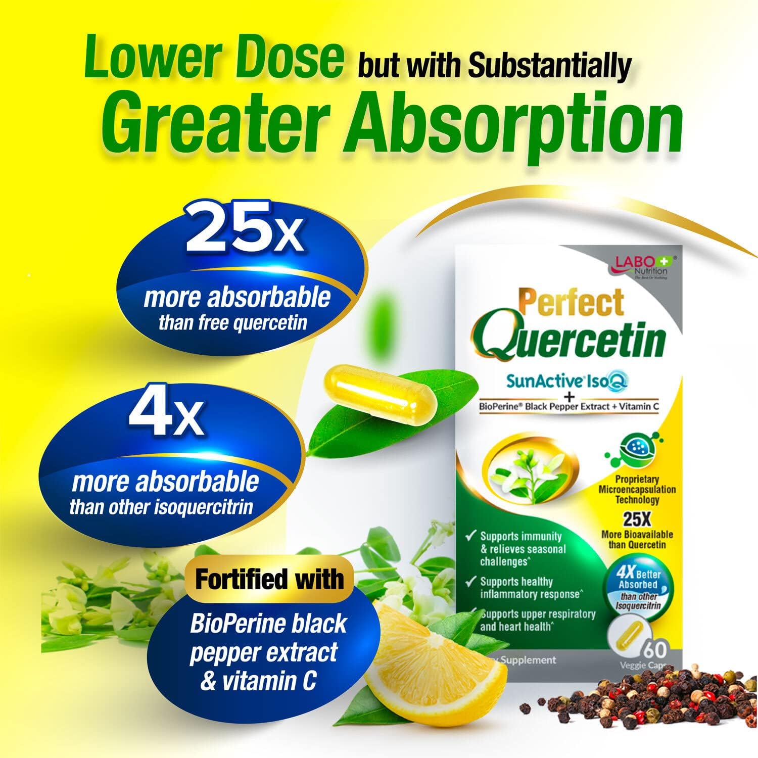 Quercetin SunActive IsoQ Bioflavonoids with Vitamin C - Immune Boost, Allergy Relief, Sinus & Cardio Support - 60 Capsules
