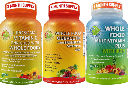 Quercetin with Bromelain Bundle: Multivitamin Plus with Iron and Liposomal Vitamin C Liquid Gel for Immune, Respiratory, Digestive Support