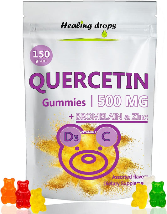 Quercetin with Bromelain Gummies - Vitamin C, Zinc, and D3 - 500mg Healing Drops for Kids and Adults
