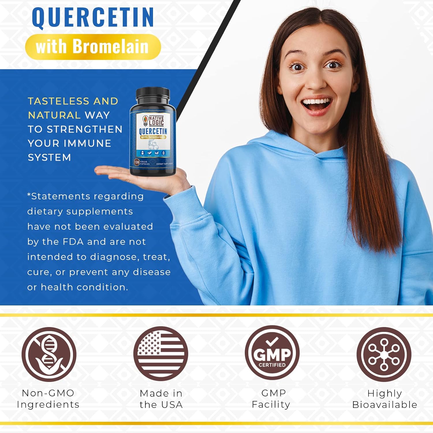 Quercetin with Bromelain Supplements for Immune Support and Joint Health - Antioxidant Properties, Vegan & Gluten-Free - 120 Veggie Capsules.
