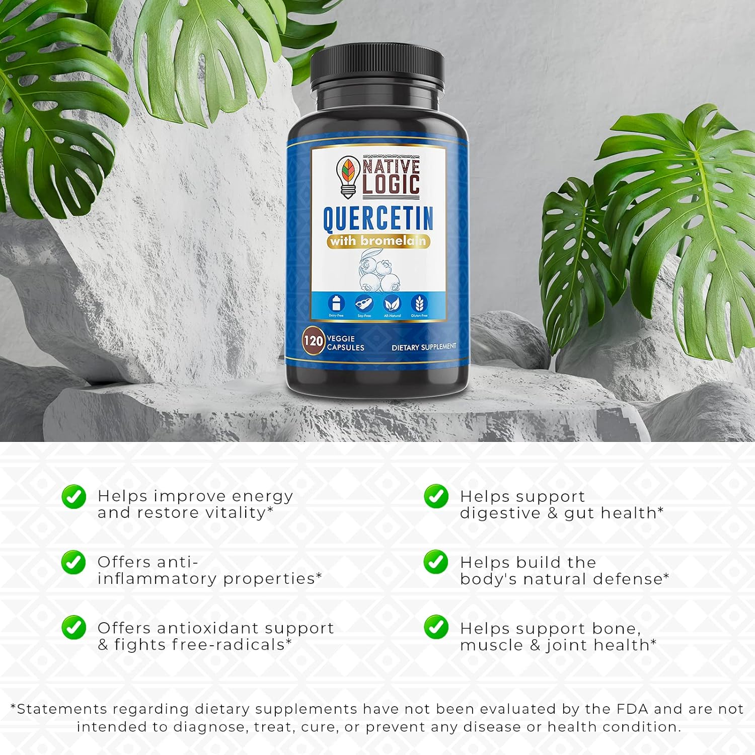 Quercetin with Bromelain Supplements for Immune Support and Joint Health - Antioxidant Properties, Vegan & Gluten-Free - 120 Veggie Capsules.