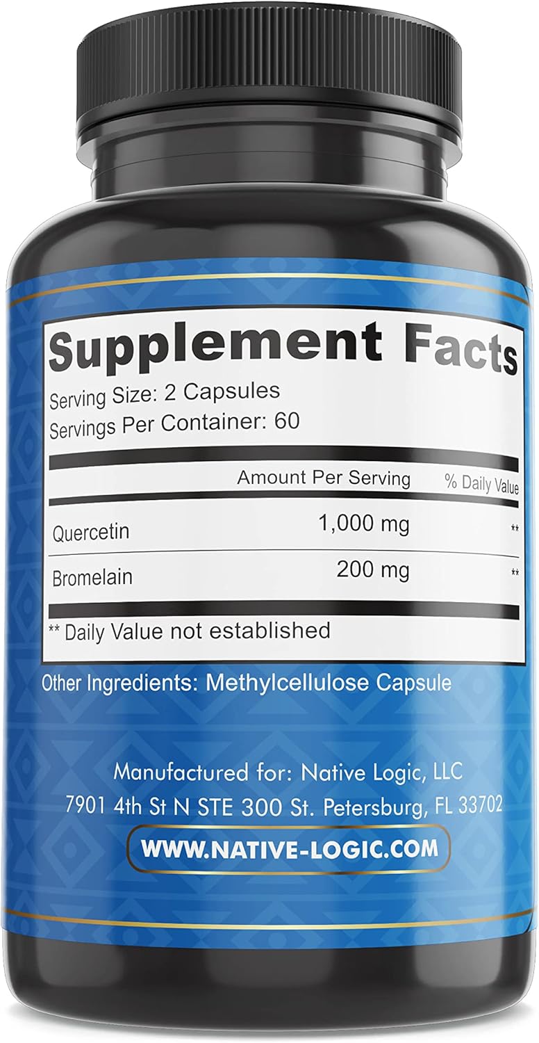 Quercetin with Bromelain Supplements for Immune Support and Joint Health - Antioxidant Properties, Vegan & Gluten-Free - 120 Veggie Capsules.