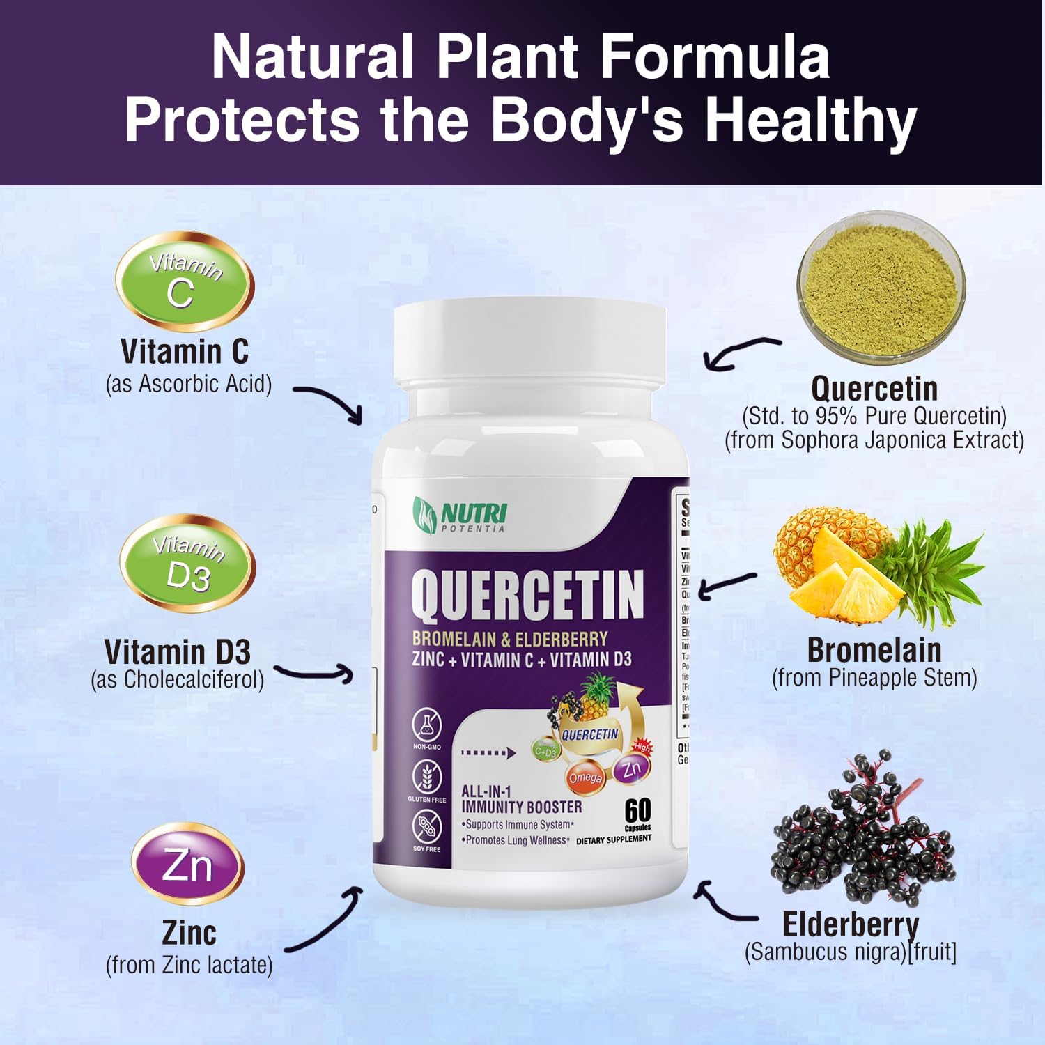 Quercetin with Bromelain, Vitamin C, D3, Zinc, Elderberry - Lung & Respiratory Support - 60 Capsules