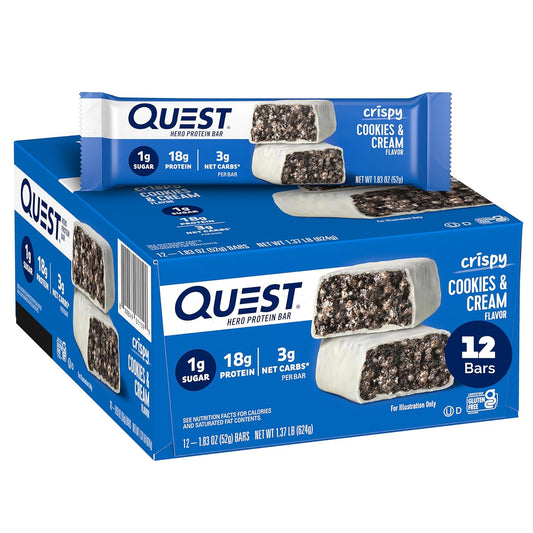 Quest Nutrition Cookies & Cream Hero Protein Bar - 12 Count, 18g Protein, 1g Sugar, Gluten Free, Keto Friendly