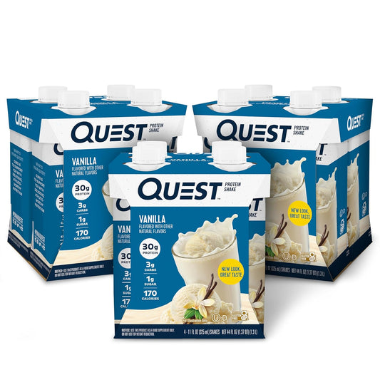 Quest Nutrition Vanilla Protein Shake - 4 Count, 30g Protein, 3g Net Carbs, Keto & Gluten Free - Pack of 3, 11 fl.oz