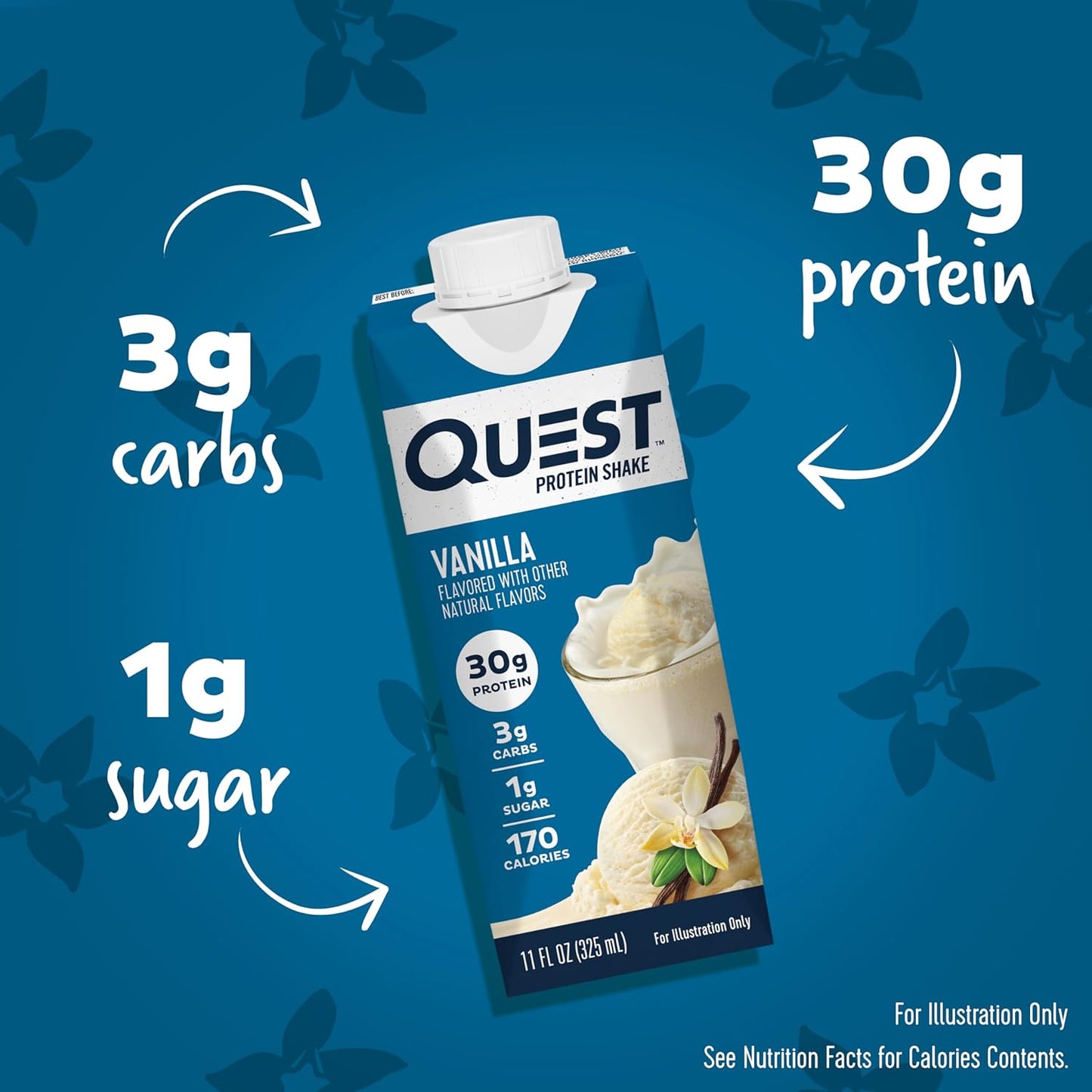 Quest Nutrition Vanilla Protein Shake - 4 Count, 30g Protein, 3g Net Carbs, Keto & Gluten Free - Pack of 3, 11 fl.oz