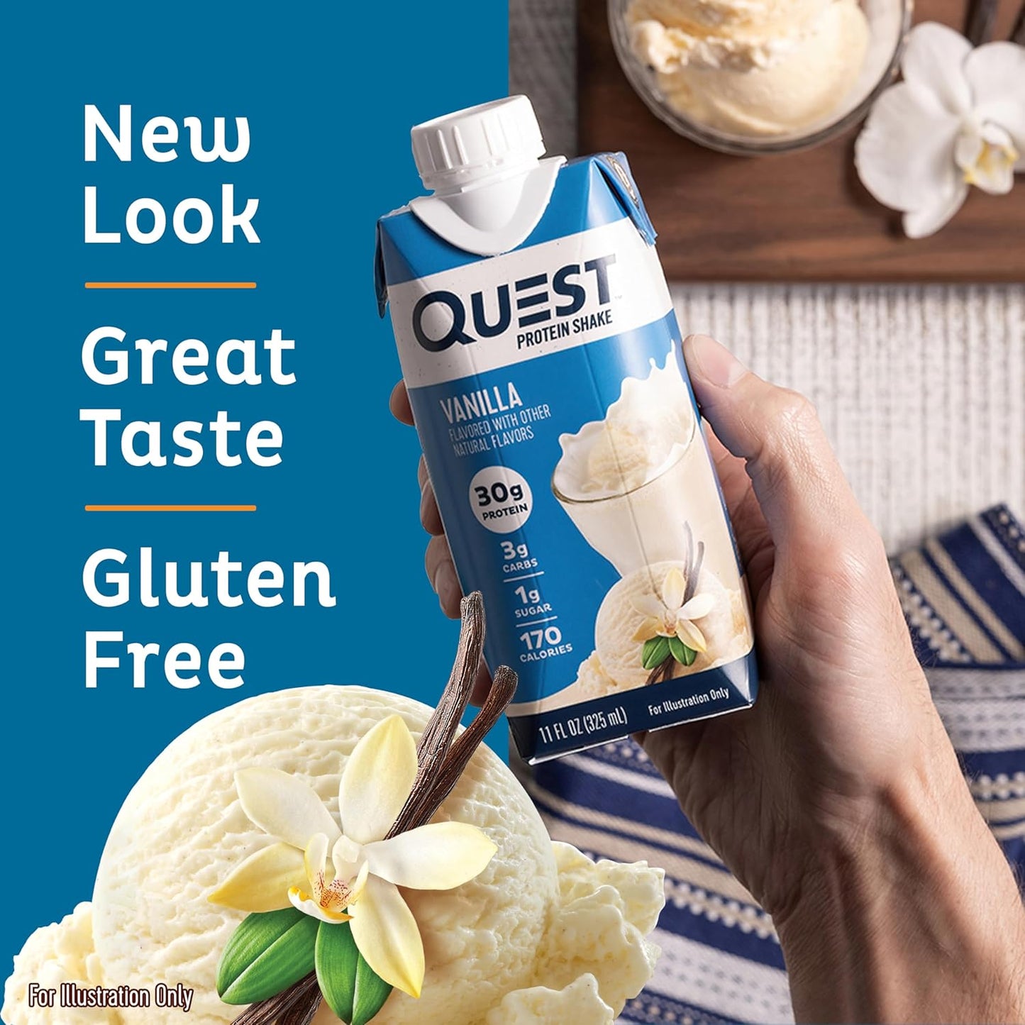 Quest Nutrition Vanilla Protein Shake - 4 Count, 30g Protein, 3g Net Carbs, Keto & Gluten Free - Pack of 3, 11 fl.oz