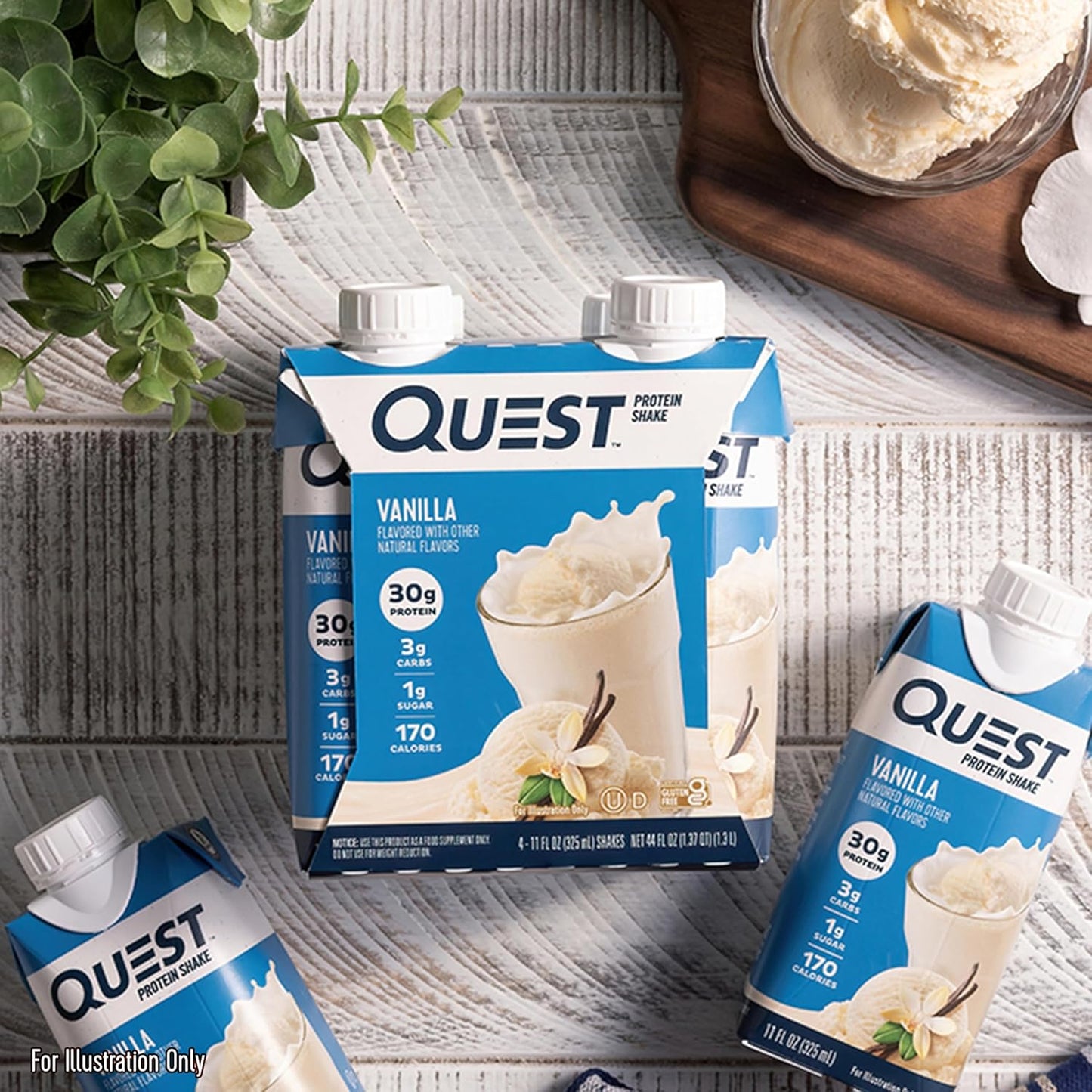 Quest Nutrition Vanilla Protein Shake - 4 Count, 30g Protein, 3g Net Carbs, Keto & Gluten Free - Pack of 3, 11 fl.oz