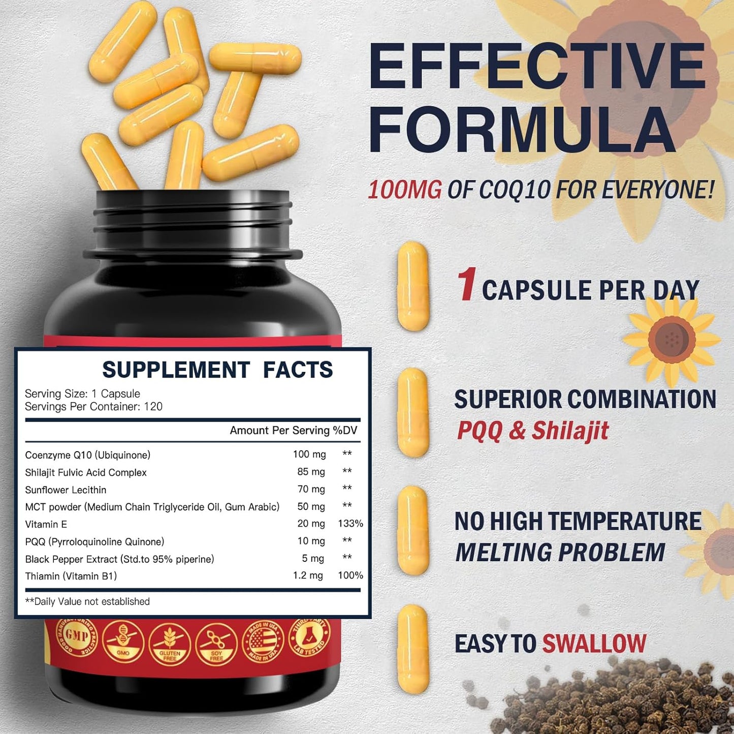 Quinovit CoQ10 100mg with PQQ & Shilajit - High Absorption Antioxidant Supplement for Heart Health & Energy, 120 Capsules
