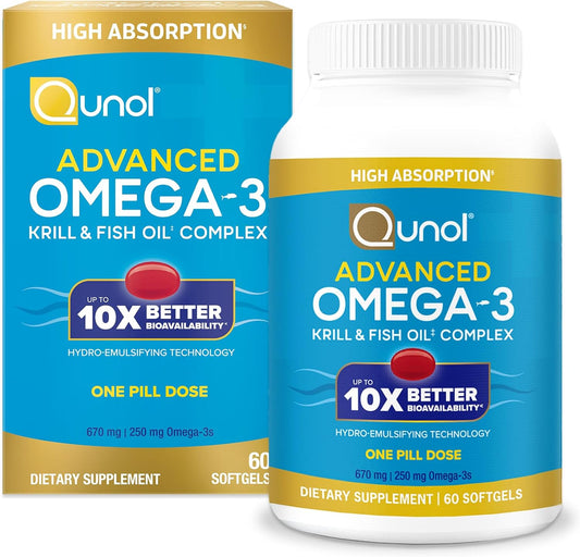 Qunol Advanced Omega 3 Krill and Fish Oil Complex Capsules - 10x Bioavailability, 250mg EPA & DHA, Brain, Eye, Heart, Joint Health - 60 Count