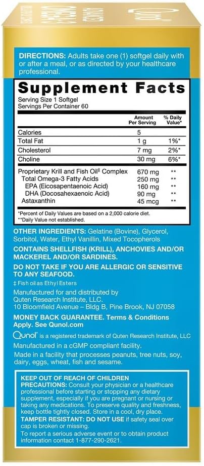 Qunol Advanced Omega 3 Krill and Fish Oil Complex Capsules - 10x Bioavailability, 250mg EPA & DHA, Brain, Eye, Heart, Joint Health - 60 Count