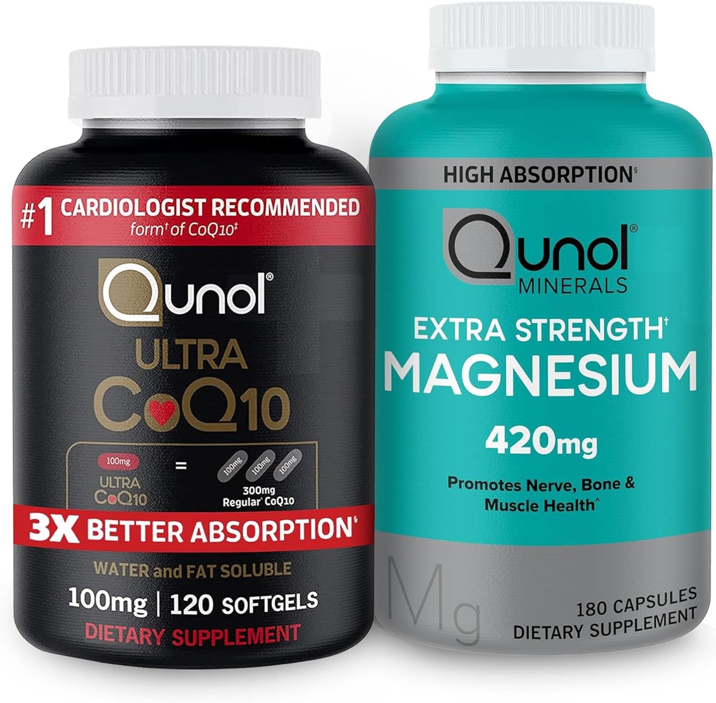 Qunol CoQ10 100mg Softgels 4 Month Supply + Magnesium Glycinate Capsules 420mg 180 Count, High Absorption Bundle