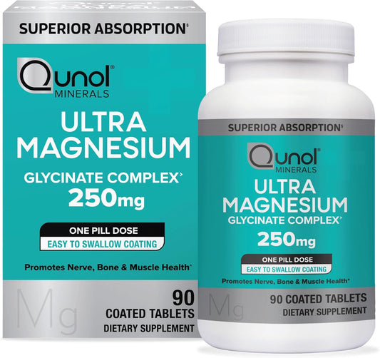 Qunol Magnesium Glycinate Complex 250mg - Gentle on Stomach - Superior-Absorption Nerve, Bone, and Muscle Health Supplement - 90 Count