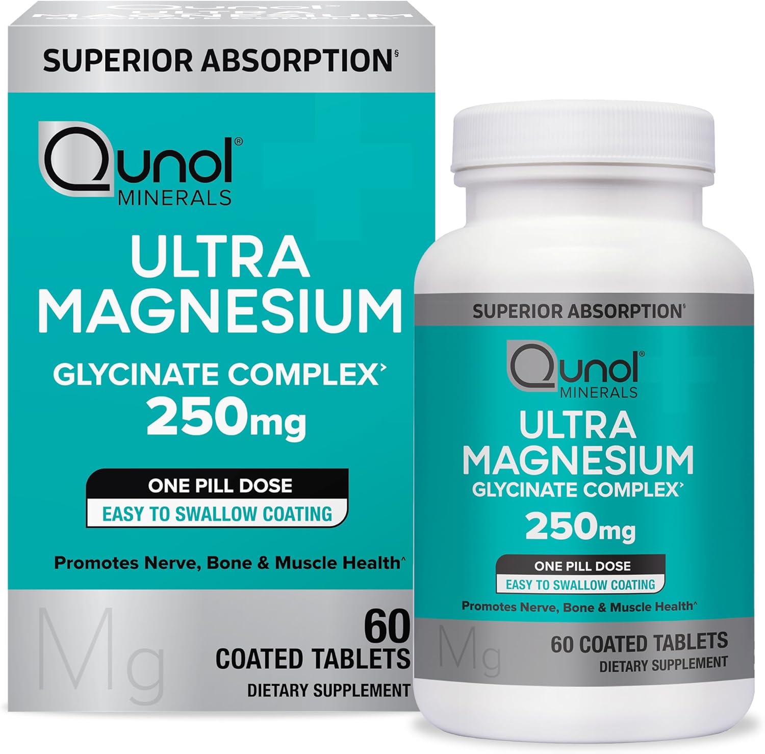 Qunol Magnesium Glycinate Complex 250mg One Pill Dose Supplement for Nerve, Bone, and Muscle Health - 60 Count Pack