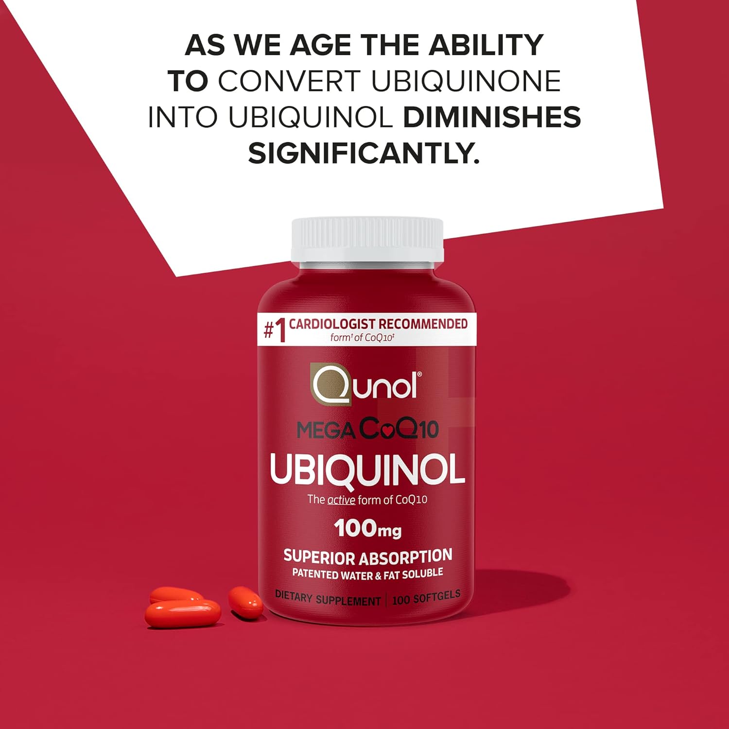 Qunol Mega Ubiquinol 100mg CoQ10 Softgels for Heart Health - Patented Water/Fat Soluble Antioxidant Supplement with Superior Absorption - 100 Count