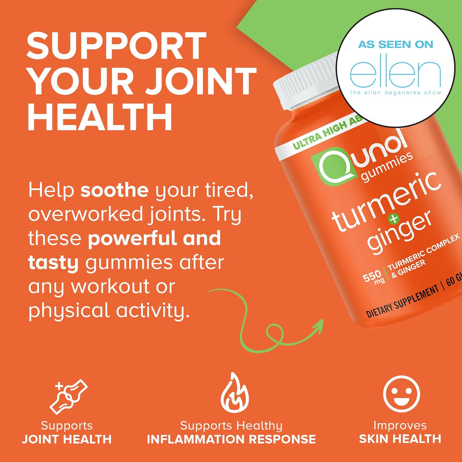 Qunol Turmeric and Ginger Gummies - Joint Support Supplement with High Absorption, Vegan & Gluten Free - 60ct Gummies, 1 Month Supply